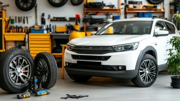 White SUV in Sun City auto repair shop, ready for alignment service at Pete Nelson Automotive.